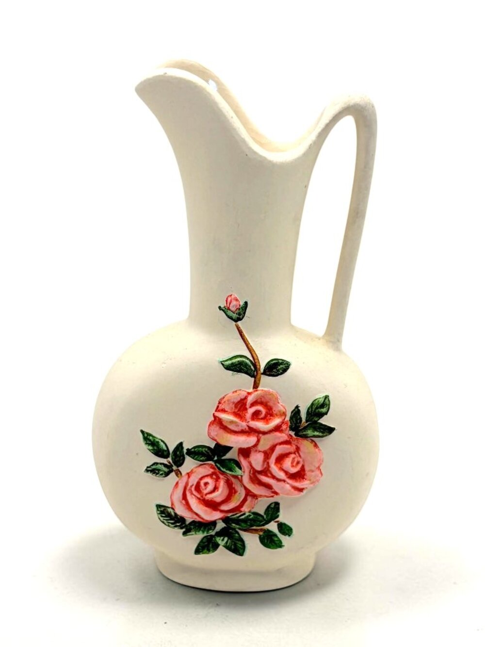 Vintage Cream Ceramic Pitcher Vase Pink Rose Floral Applied Flowers 6"